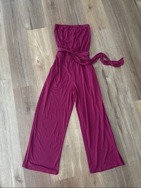 Strapless Wide-Leg Jumpsuit in Deep Berry with Self-Tie Waist